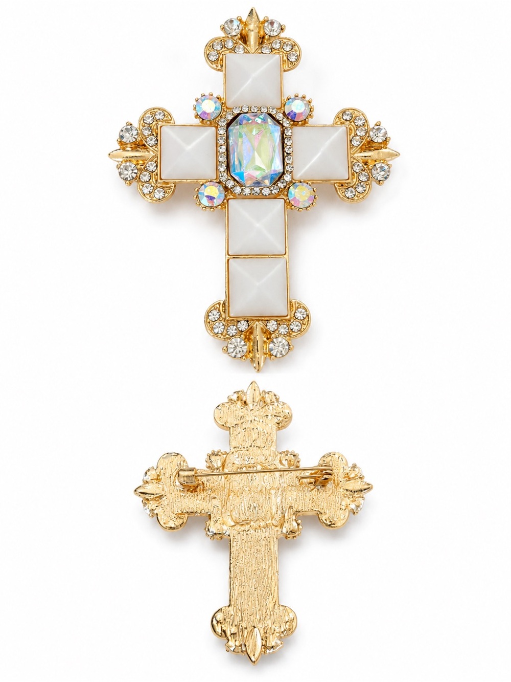 Gold Cross Brooch with White Stones and Aurora Crystal Center - Picture 2 of 2